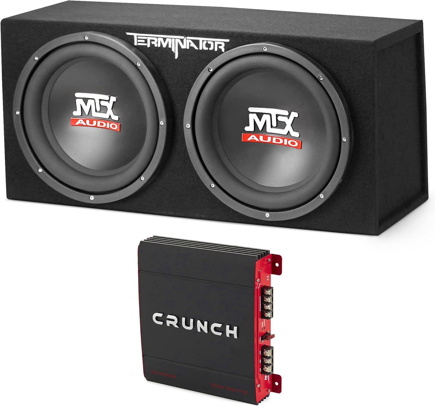Crunch 2 Channel 1000 Watt Amp Car Audio Stereo Amplifier and MTX 12 Inch 1200 Watt Car Audio Dual Loaded Subwoofer Box Enclosure (2 Pack)