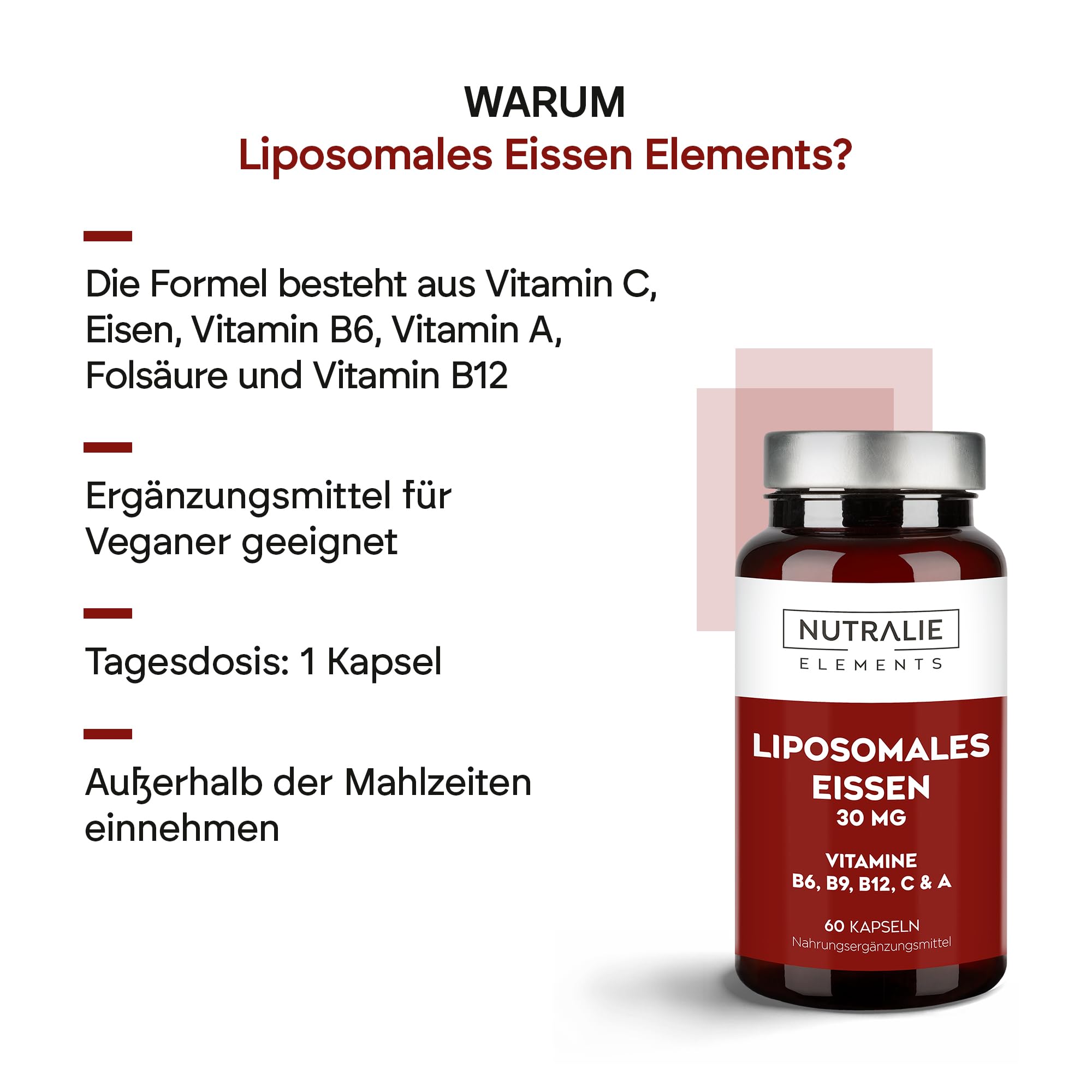 Eisentabletten 30mg Mit Vitamin C, B12, A und B6 Folsäure – Liposomales Eisen - Eisenpräparat – 60 Kapseln Liposomal Iron Nutralie