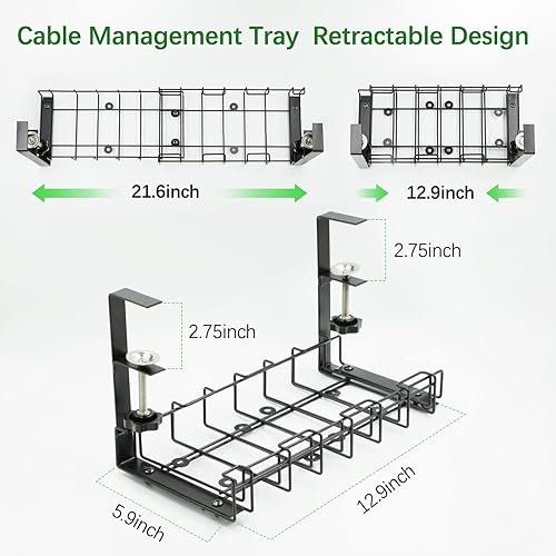 Miniatura 5 de 2 Pcs Extendable Under Desk Cable Management TrayHaootadiy No Drill Cable Tray with Clamp,Desk Cable Tray with Wire Organizer and Desk Cord