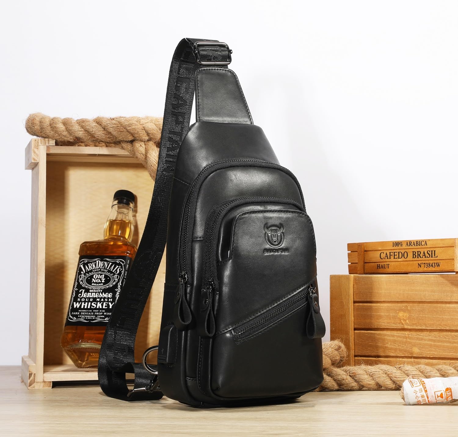 BULLCAPTAIN Leather Sling Chest Bag for Men Outdoor Hiking Travel Crossbody Bag Backpack with USB Charging Port (Black) - Image 5