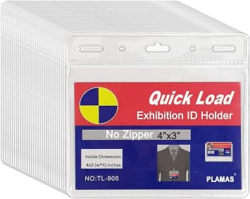 50 Pack - WTQ 4x3 No Zipper ID Name Badge Holder, Clear Plastic Sleeve for ID Cards, Nametags, Tickets