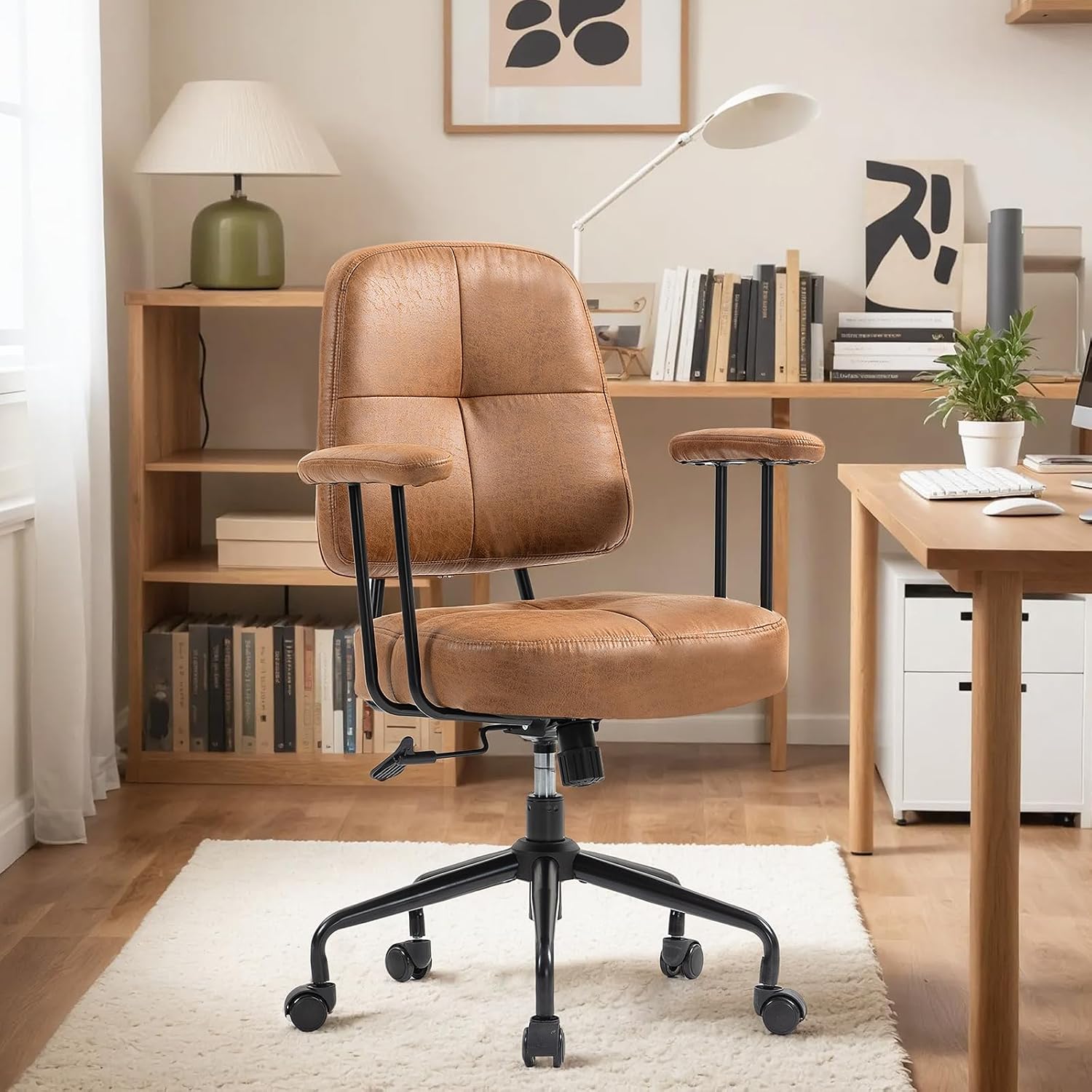 ECOTOUGE Mid Century Modern Office Desk Chairs Leather, Comfy Office Chair with Armrests,s, Mid-Back, Comfortable Thick Cushion, Height Adjustable, 360°Swivel, Brown