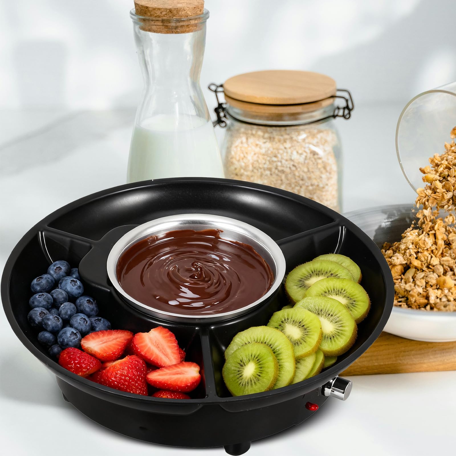 1 Fontaine à fondue chocolat noir : appareil électrique pour faire fondre le chocolat – kit à fondue pour tremper fruits et guimauves – idéal pour recevoir à la maison (prise UE)