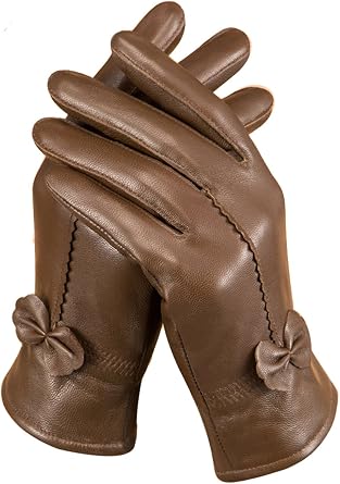 AZYOUNG Womens Thick Velvet Warm Seven Colors Bow Knot Violet Beige Gray Leather Gloves