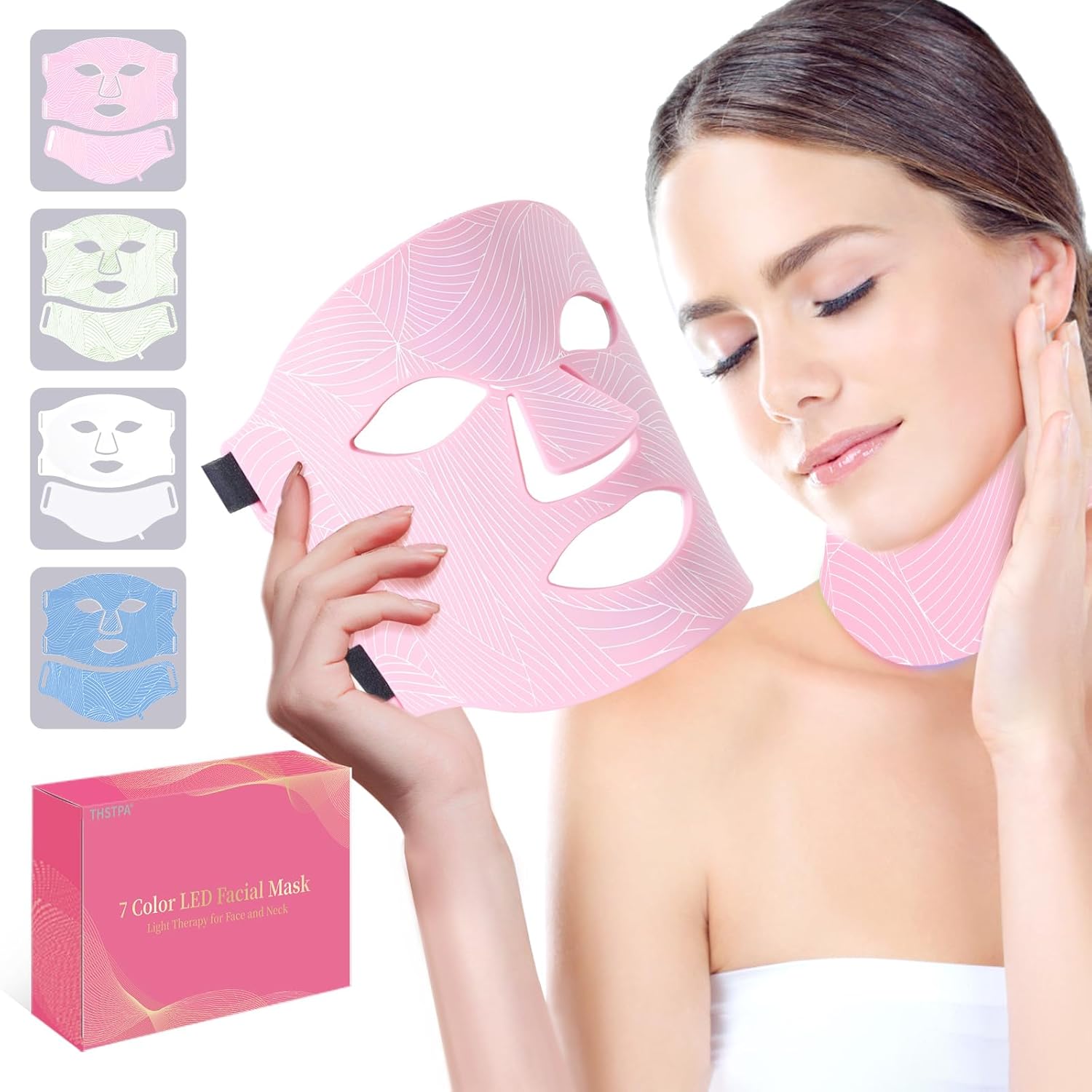 Led Face Mask Light Therapy,Red Light Therapy for Face and Neck,7 Colors LED Facial Skin Care Mask,5 Level Brightness Adjustment,309 LED Beads Can Be Used at Home,Pink