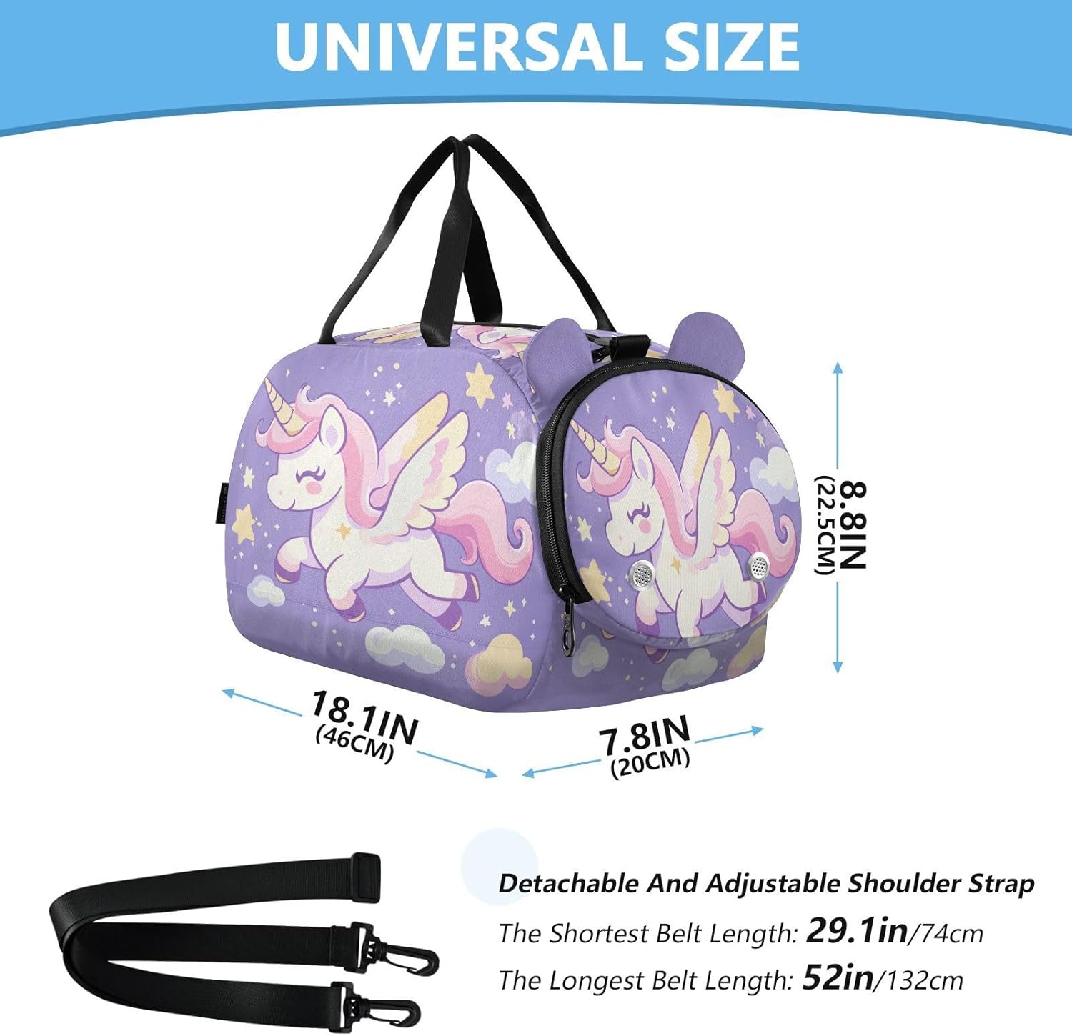 Unicorn Stars Lilac Kids Travel Duffel Bag for Boys Girls Overnight Weekend Tote Bag with Shoes Compartment for Sleepover Trip Beach