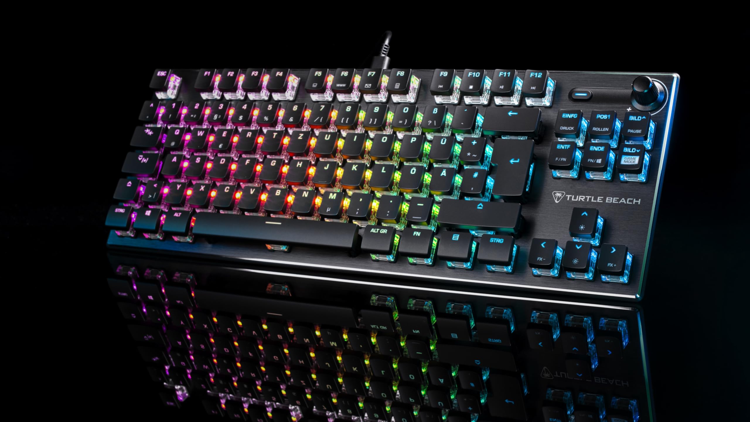 Turtle Beach Vulcan TKL - Clavier de Jeu mécanique Compact RGB, rétroéclairage AIMO LED Touche par Touche, interrupteurs linéaires Titan, Plaque supérieure en Aluminium, molette multimédia, Noir