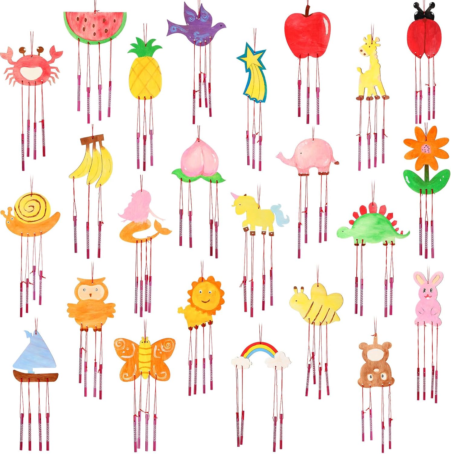 Tuanse 24 Pcs Wind Chime Kit for Kids DIY Wooden Animal Fruit Wind Chimes Crafts for Outside Spring Girls Boys Christmas Home Classroom Activity Garden Summer Decoration,Party Gift(Lovely)