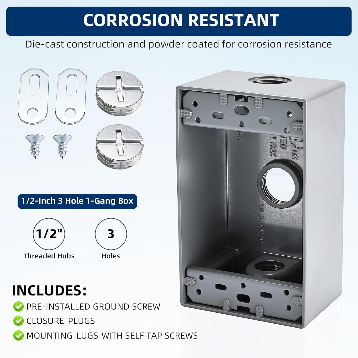 Weatherproof Metal Electrical Outlet Box Three 1/2 -Inch Holes, 1-Gang Outdoor Electrical Box, UL Listed, 4 Pack