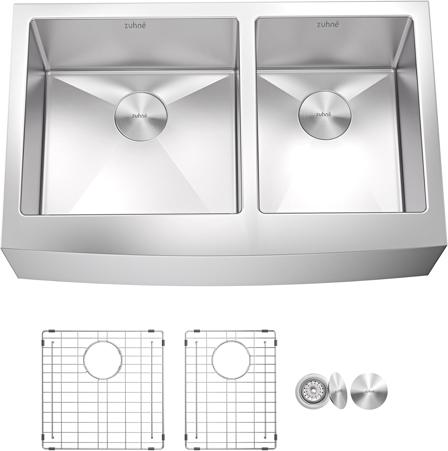Zuhnë Turin 33 Farmhouse Kitchen Sink, 16 Gauge T304 Stainless Steel, Satin Finish, DualPro Sound Guard, Double Bowl 32.9 x 20.8 x 10 in, Curved Corners, Sloped Bottom