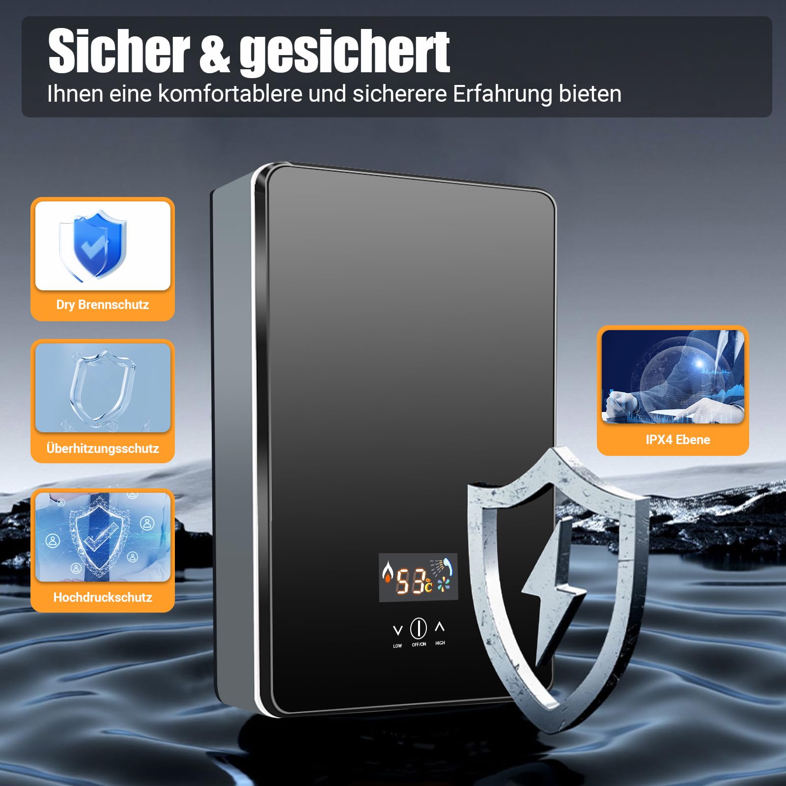 6500W Mini Durchlauferhitzer Dusche 230v Küche Elektrische Warmwasserbereiter with Duschdüse, Tankless Dusche Heißwassersystem mit Bad Dusche Kit, für Badezimmer Küche (Schwarz)