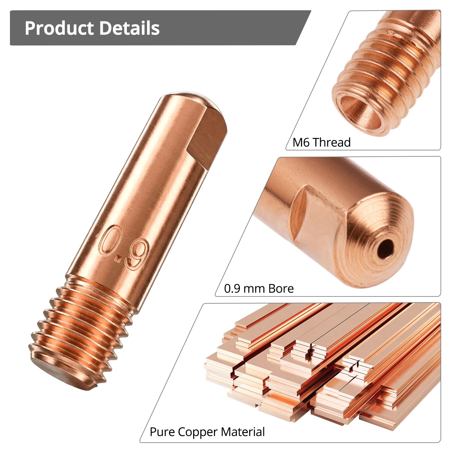 QWORK® Ugelli per saldatura 0,9 mm M6 – Set da 10 punte di contatto in rame per torce da saldatura 15AK MB15 MIG MAG, lunghezza 24 mm, accessori per saldatura per costruzioni metalliche