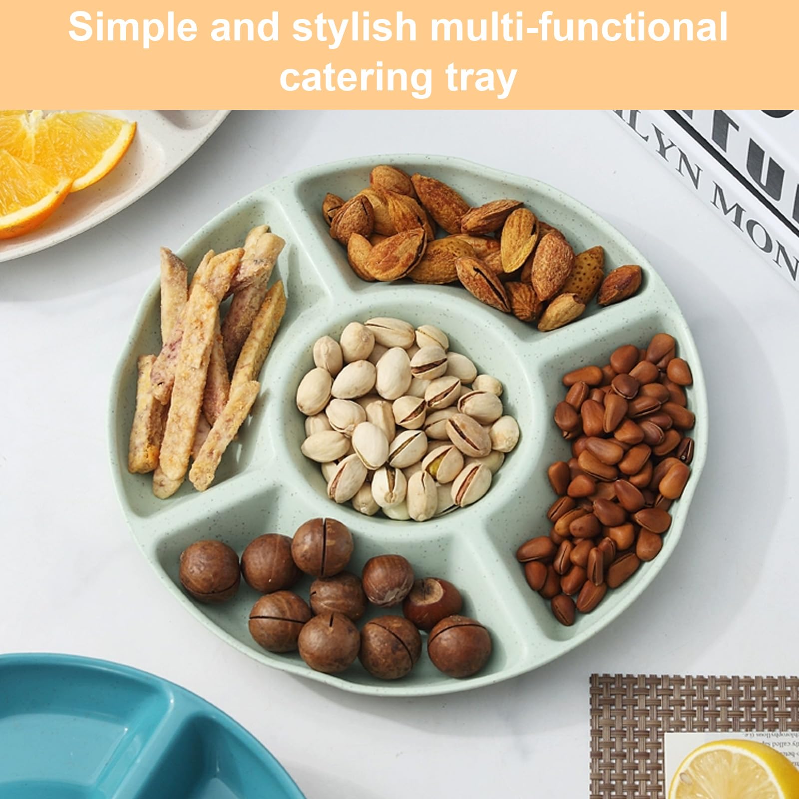 ZOFUN 20 Pcs Compartment Trays With Lids, 32 Cm/12.6 Inch Round Nibbles Platters With 6 Grids, Snacks Sectioned Platter Trays With Lid, Plastic Section Platters For Serving Nibbles Snacks