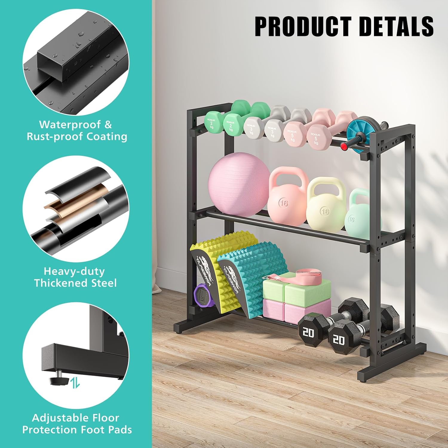 3 Tier Adjustable Dumbbell Rack, 33.6-Inch Weight Rack for Home Gym, Extended Base kettlebell holder for Home Gym, Space-Saving Dumbbell Stand - 900LBS Capacity (Rack Only)