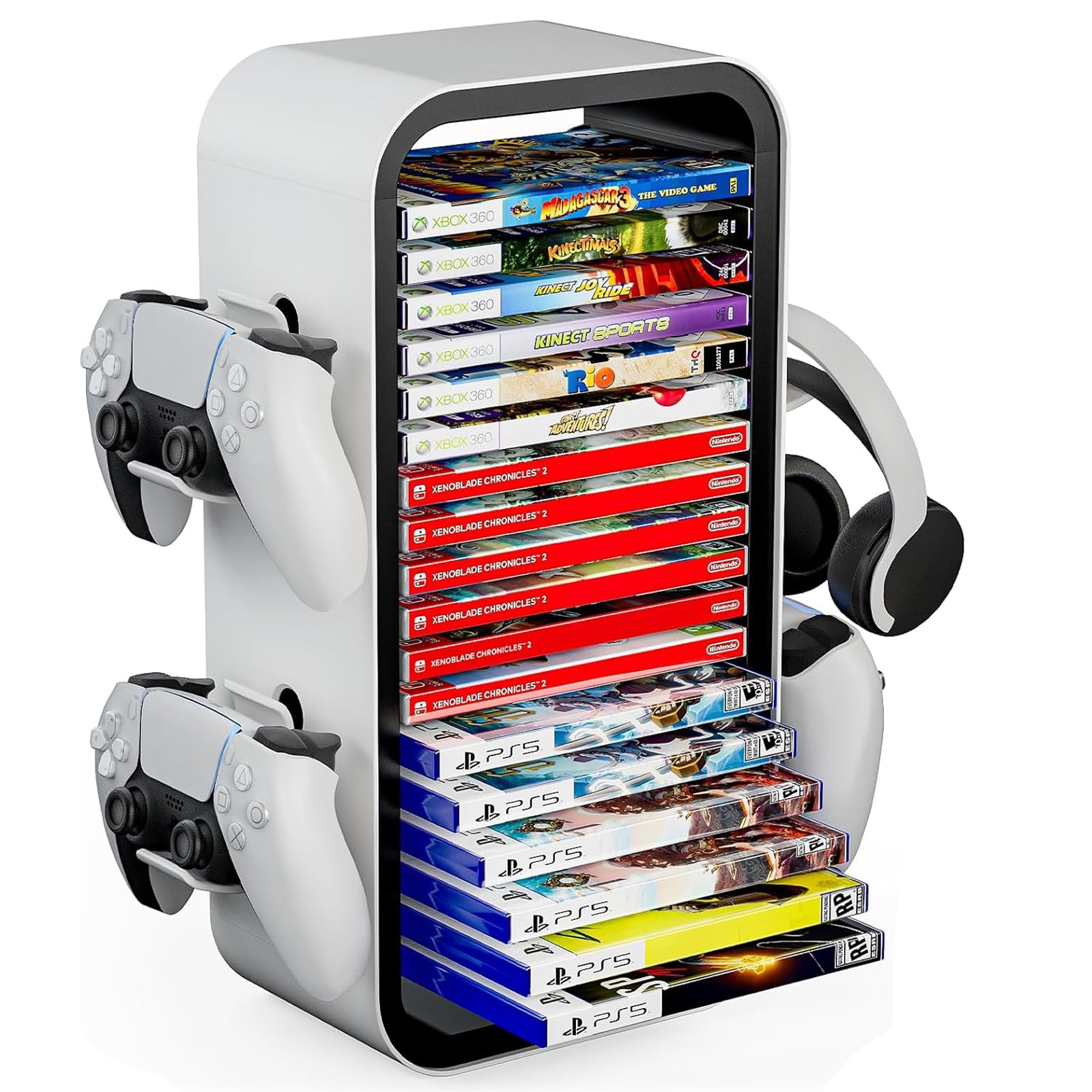Gamestorage Tower Universal Gaming Disc Organizer Storage 18 Games with 4 controller holders for PS5/PS4/Xbox One/Xbox Series S&X/Nintendo