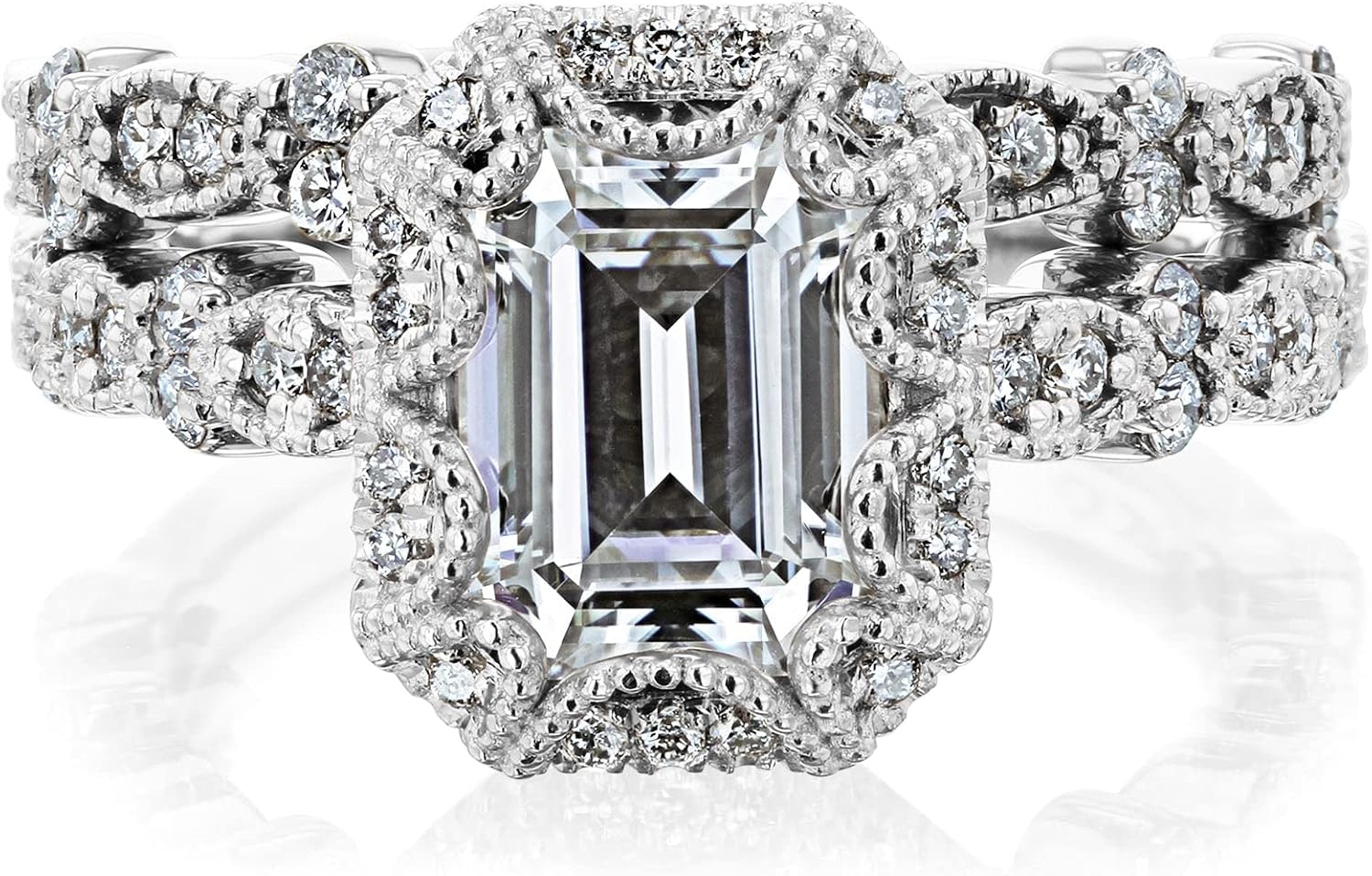 2 1/4 ctw Royal Halo Easton Emerald Cut Moissanite Bridal Rings Set 14K Gold (DEF/VS)