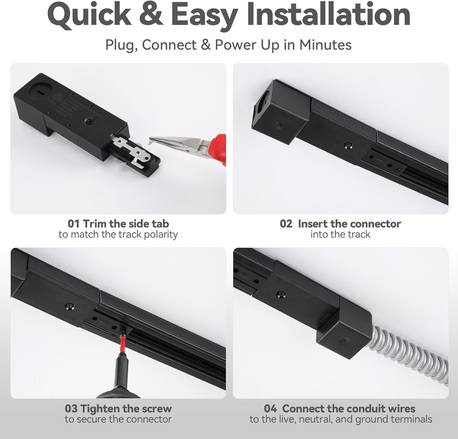 LEONLITE H Track Rail, 4FT H Type Track Lighting Rails & 2xEnd Caps, UL Listed, Black Bundle 1-Pack H Type Live End Conduit Connector, 3-Wire Single Circuit 1/2" BX Feed, ETL Listed, Black