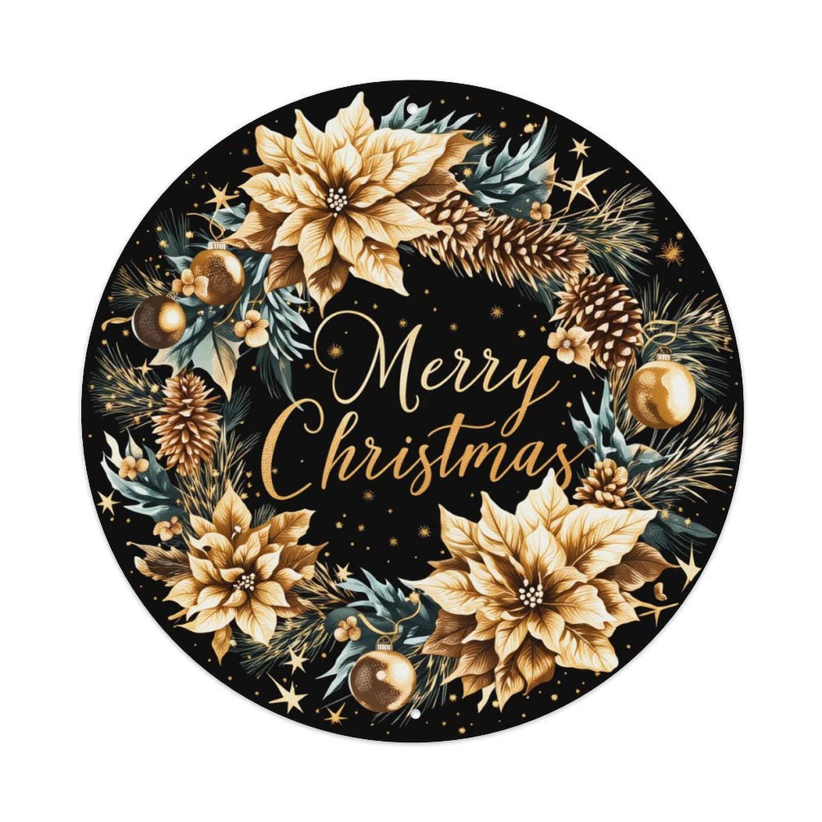 Golden Poinsettia Pinecones Ornaments Stars Retro Metal Sign Round Tin Sign, Vintage Decor Art Poster for Bar, Home, Man Cave, Kitchen, Laundry Room Gift 8x8Inch