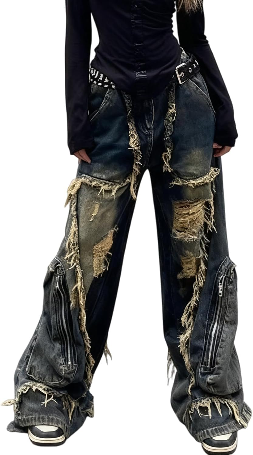 Y2K Baggy Distressed Wide Leg Jeans, Vintage Ripped Oversized Denim Pants with Raw Edges & Zipper Streetwear Details