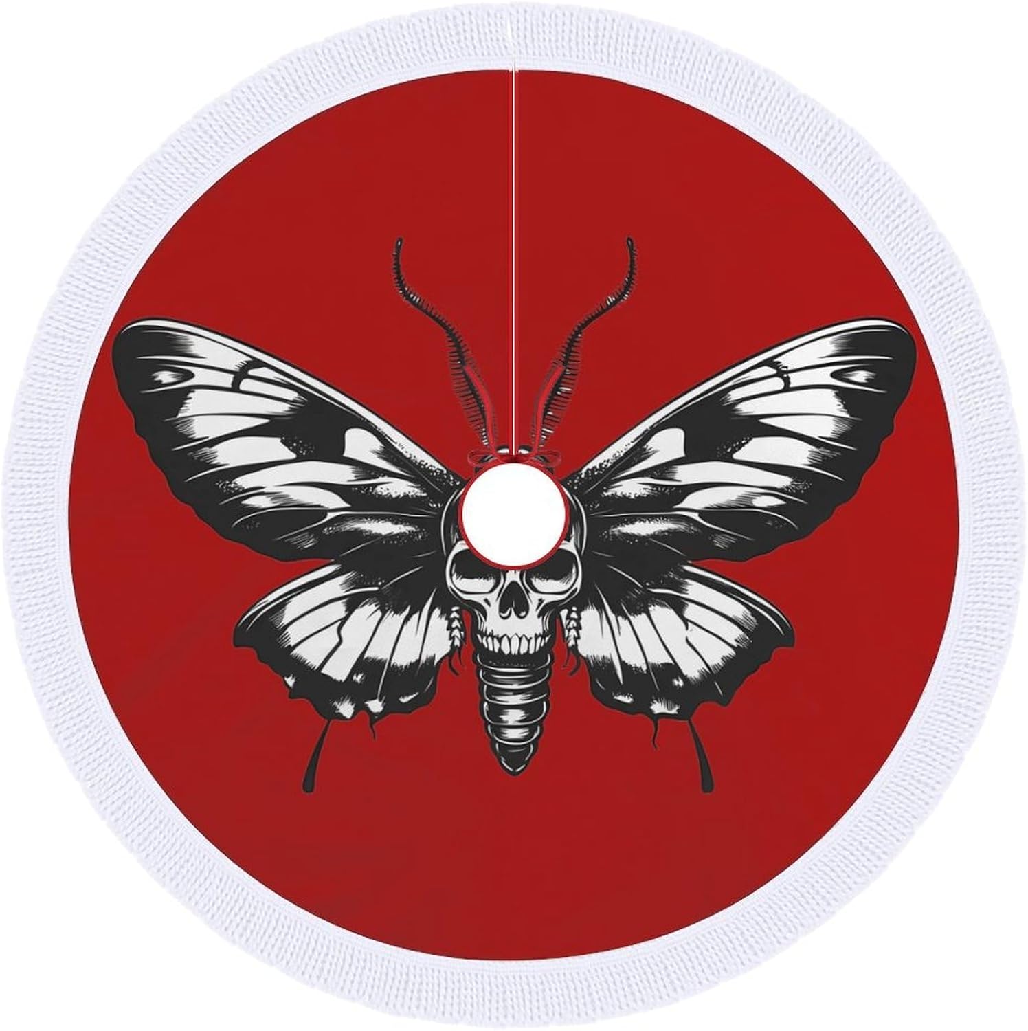 Death's Head Moth Christmas Tree Skirt Round Xmas Tree Mat Ornaments Tree Skirts with Tassels for Holiday Party