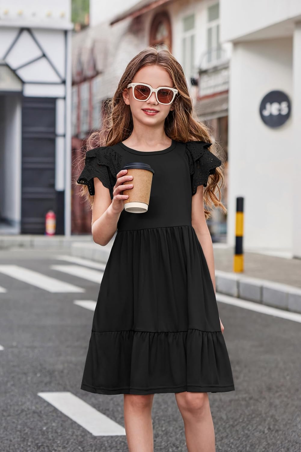 Arshiner Girls Summer Dresses Casual Flutter Sleeve A-Line Midi Dress with Pockets for 6-14 Years