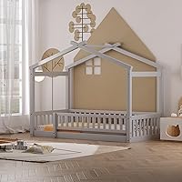 Vista 11 de Merax Cama de tamaño individual de madera estilo casa con valla, marco de cama de madera con techo y barandilla de seguridad para niños, Blanco