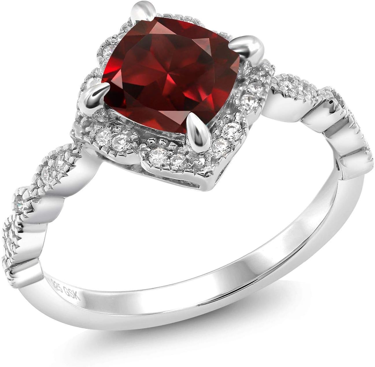 Gem Stone King 7MM Cushion Cut Gemstone Birthstone and White Moissanite Solitaire Engagement Ring For Women | 925 Sterling Silver | Available in Size 5, 6, 7, 8, 9