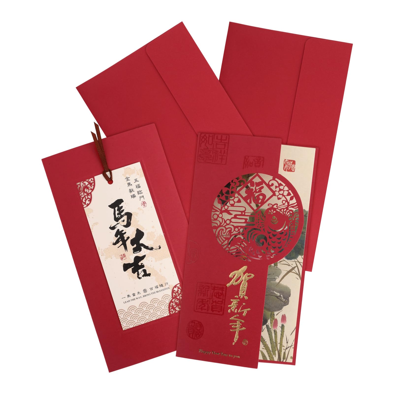 Goktvai 2pcs Chinese New Year of the Horse Greeting Cards, 2026 Happy Lunar New Year Hollow Card with Envelopes & Blank/Lotus Inner Page Bookmark 2026 Spring Festival Gift Decoration for Friends