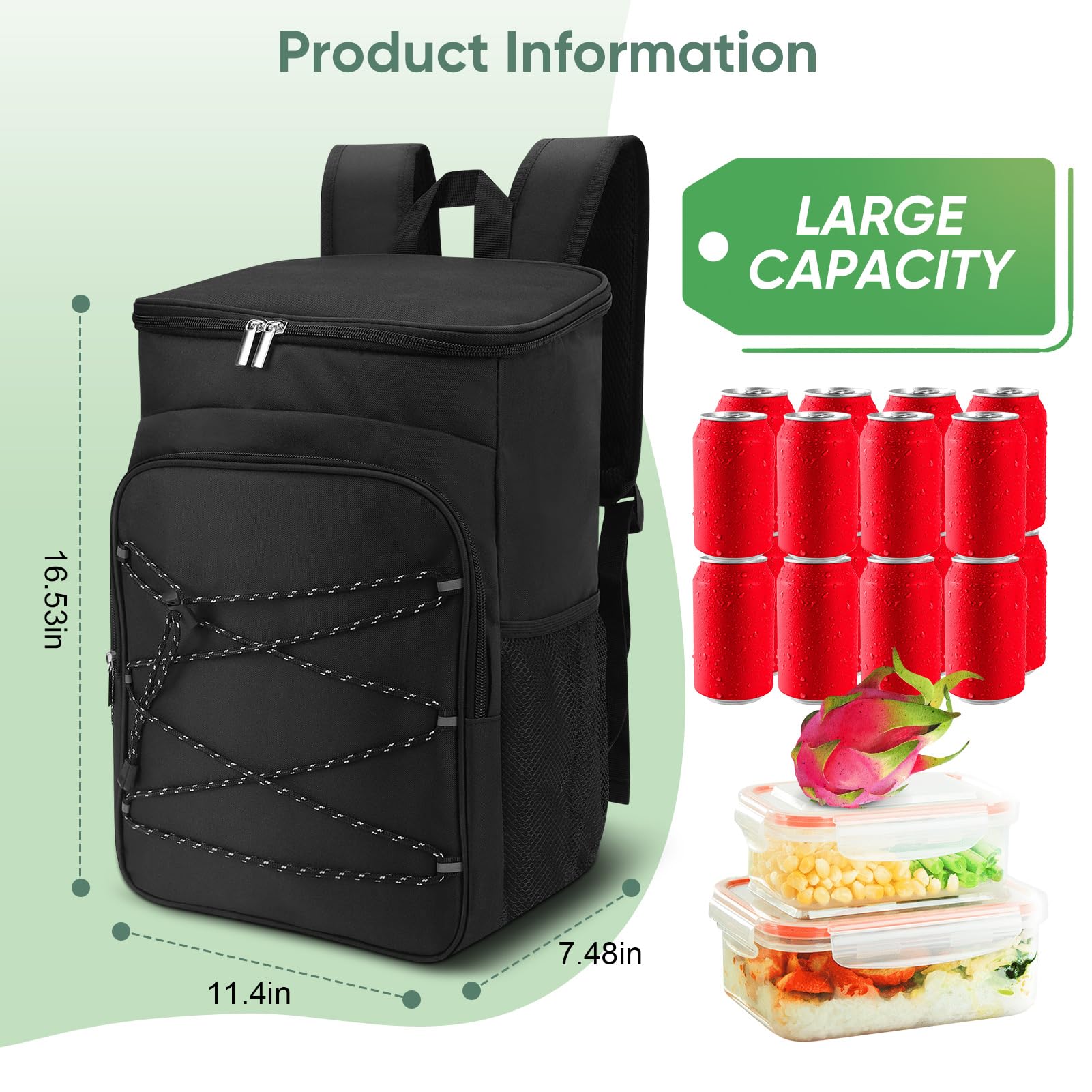 Isolierter Picknickrucksack Kühltasche 24L, Wasserdichter Camping Rucksack Kühlbox mit Seitentaschen für Outdoor, Strand, Reisen, Büro