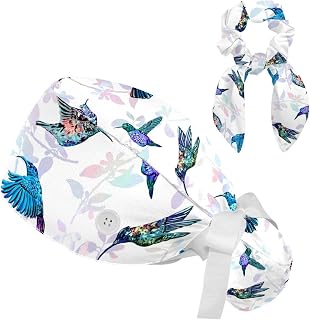 FVQL 2 Pieces Surgical Cap for Long Hair Scrub Cap with Hairband Nurse Cap, Hummingbird and Leaf Flower Pattern