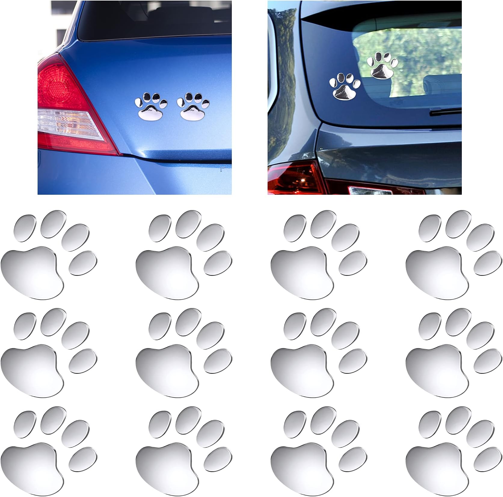 PAGOW 12pcs 3D Chrome Dog Paw Footprint Sticker, Silver Decal Auto Car Emblem Decal Decoration