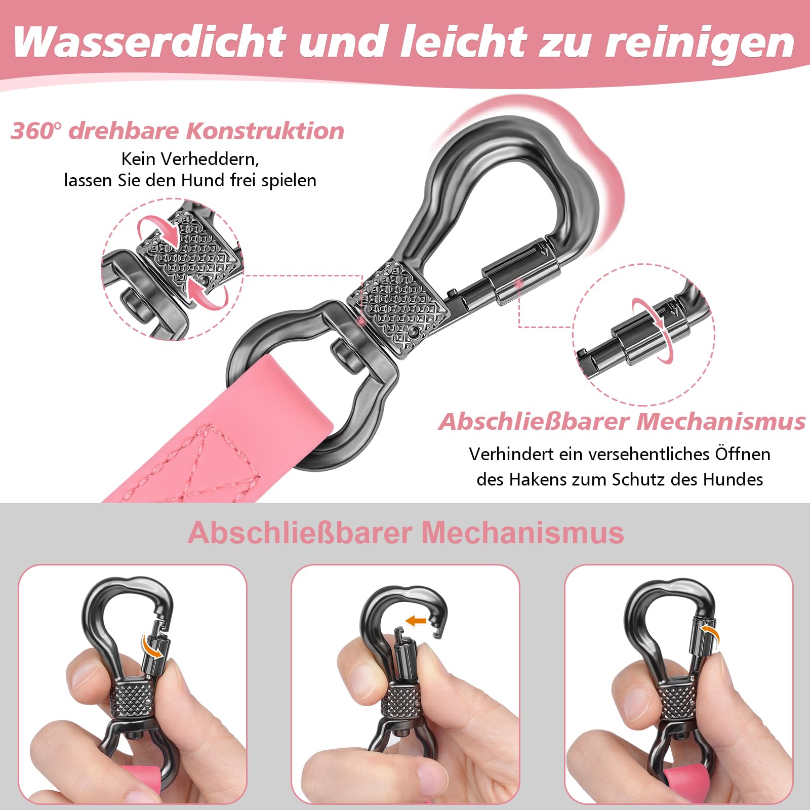 Guinzaglio impermeabile gommato, 8 m, moschettone, corsa media, resistente, cinturino polso