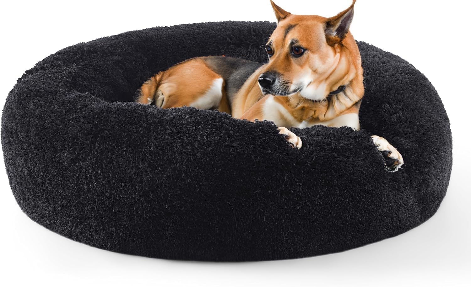 SEOUGEE Calming Donut Dog Bed, Fluffy Plush Round Cat Bed, Cosy Soft Washable Cushion Self-Warming Pet Beds with Non-Slip Bottom, Indoor Sleeping Cuddler Nest for Medium Large Dogs (Black 80cm)