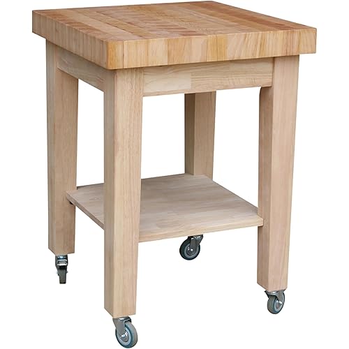 IC International Concepts 33" H Island Fixed Shelves and 4 Casters Rolling Kitchen Cart on Wheels with Storage, Sturdy Solid Parawood, Traditional Design, Unfinished