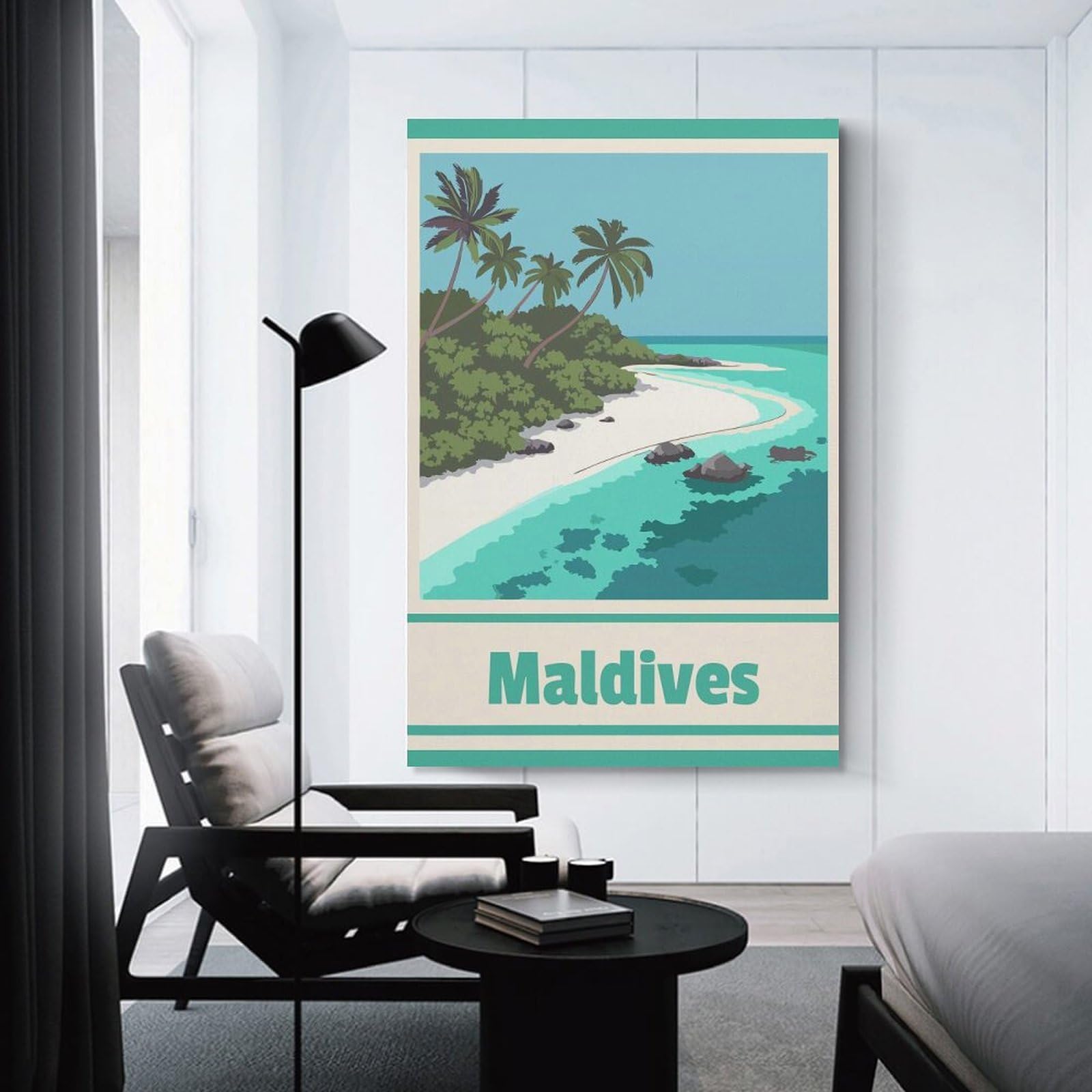 Junmoney Maldives Tropical Beach Travel Hanging Wall Art 12x18inch(30x45cm), for Feature Walls in Flats Or Modern Rooms, Home Wall Art for Statement Displays