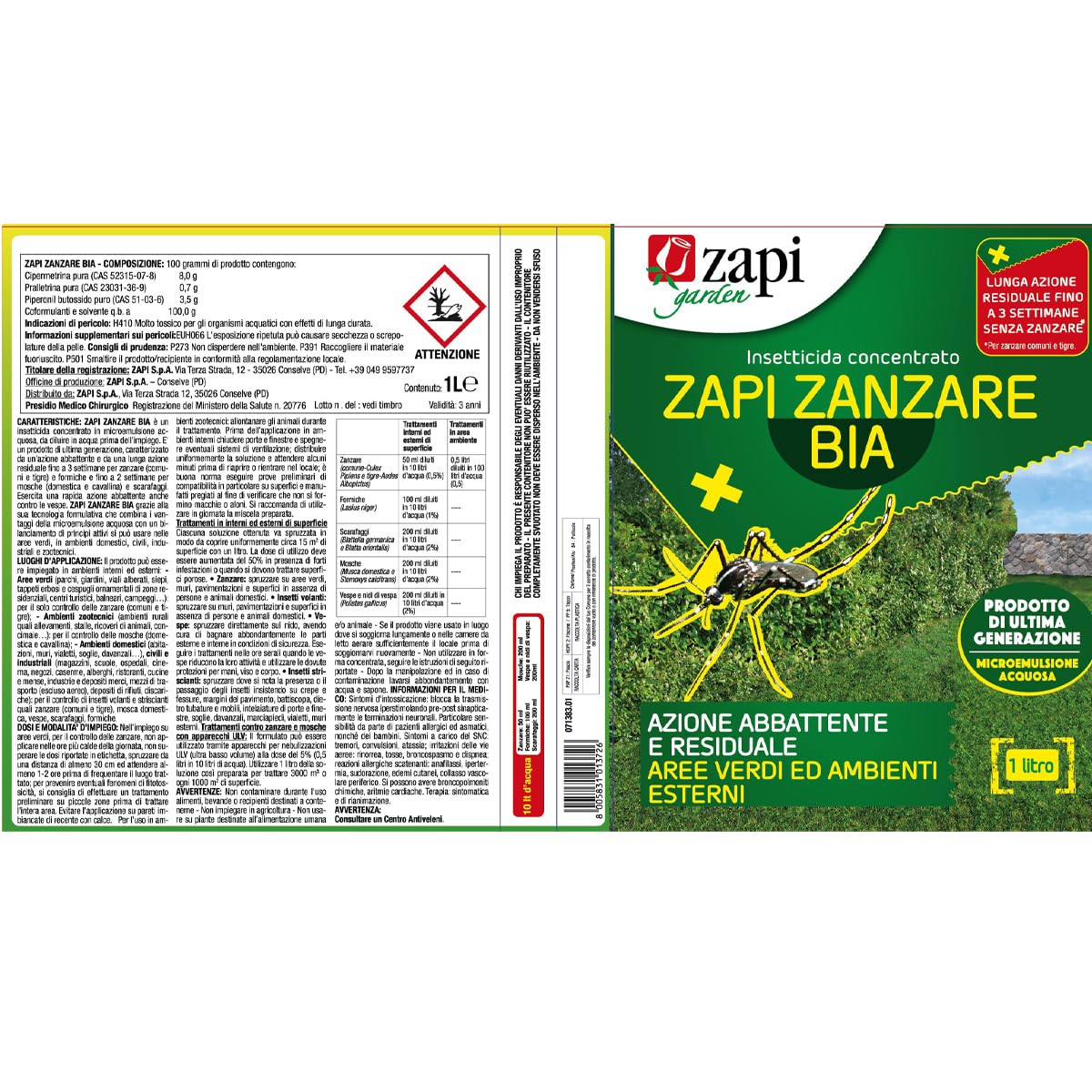 Zapi Garden Bia Verde Insetticida per Zanzare Concentrato 1 Litro