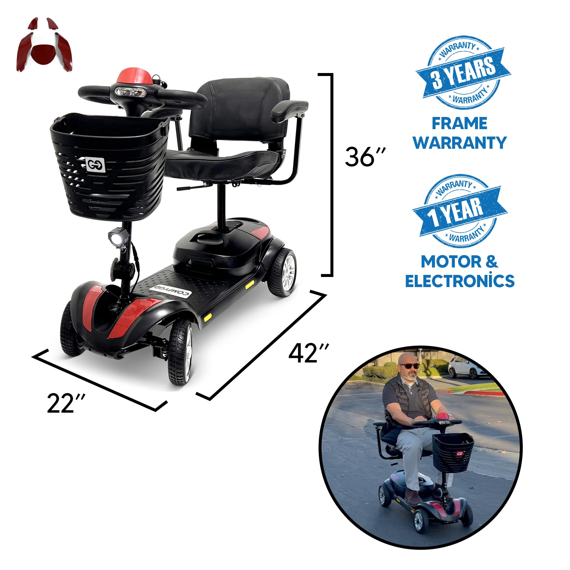 Comfygo Electric Mobility Scooter Z-4 for Adults,Battery Powered Foldable Scooters for Seniors,350 lbs Weight Capacity, Red, Up to 30 Miles Battery Range