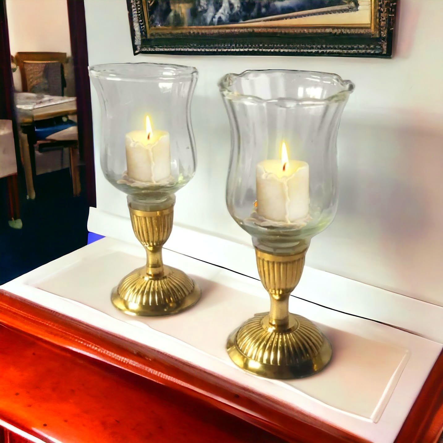 Asha Enchant Decor Antique Brass Gold Metal and Glass Ornate Hurricane Candle Stick Brass Holders Set of 2 Hurricane Candle Holder (B0DH2MT2KC) Amazon Price History, Amazon Price Tracker