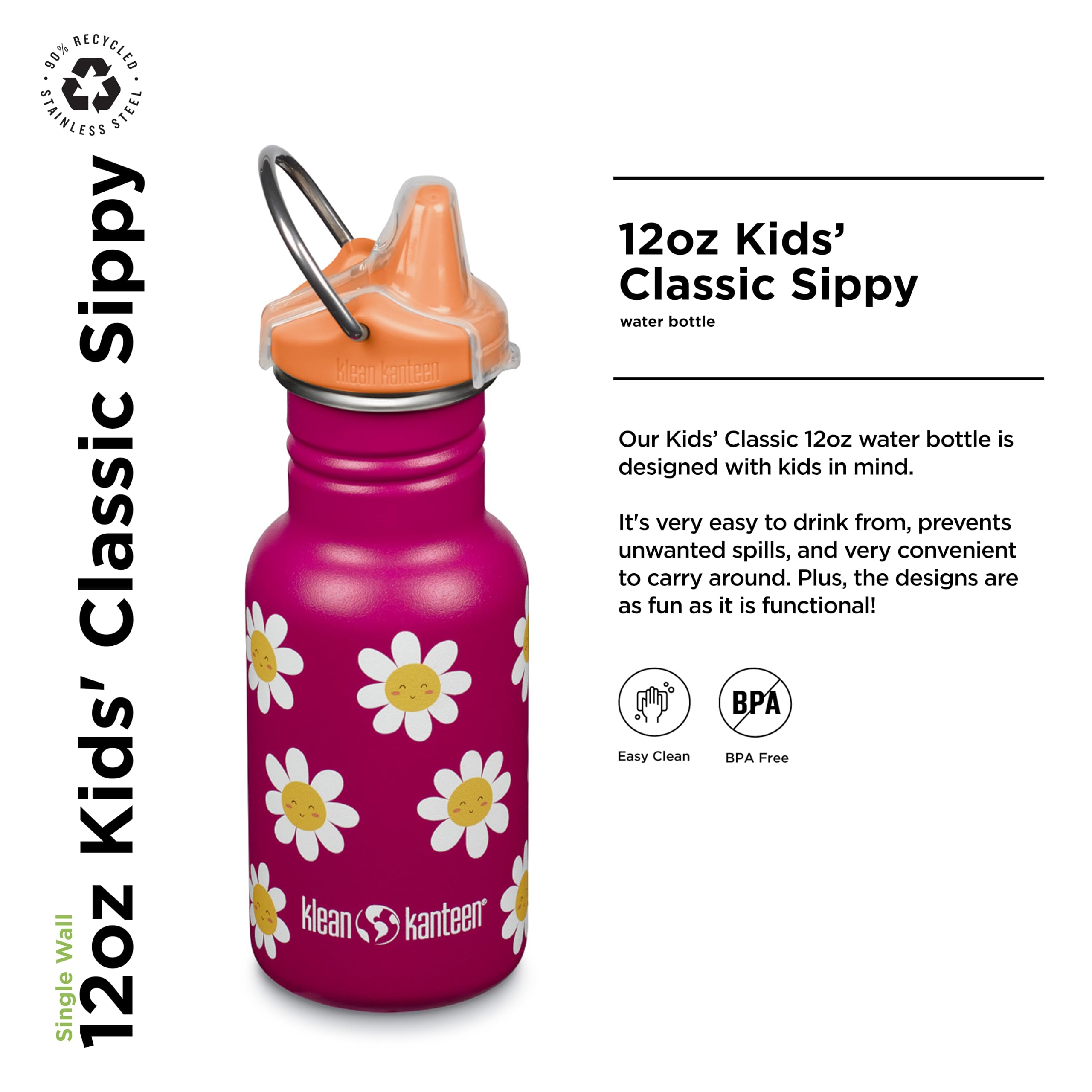 Klean Kanteen Trinkflasche Classic Narrow (Sippy Cap) mit Trinkverschluss aus Edelstahl in der Farbe Pink mit einem Volumen von 355 ml, 1011200