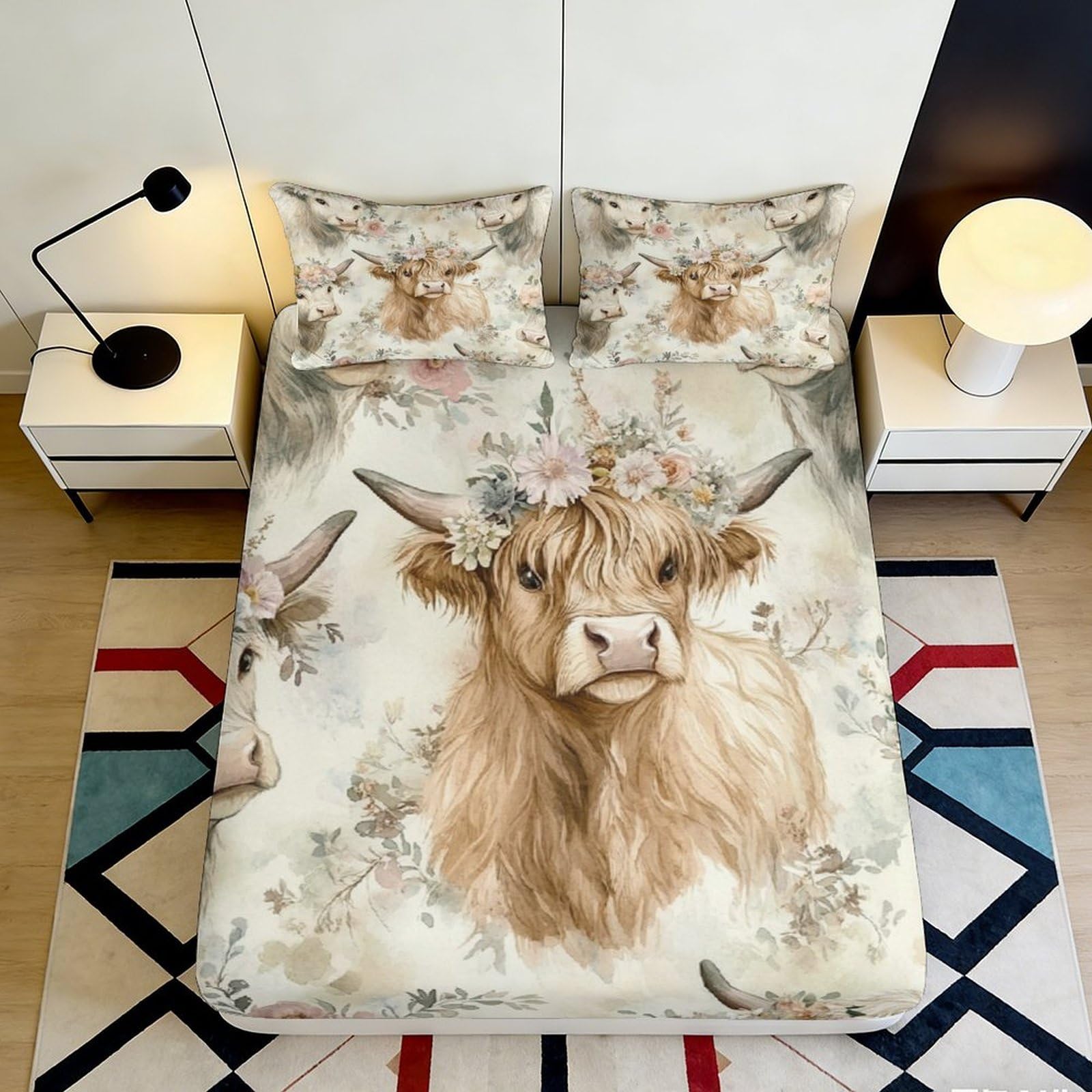 3D Printed Highland Cow Floral Fitted Sheet Microfiber Soft Breathable Mattress Cover for Bedroom Guest Room Decor 200x200x25cm