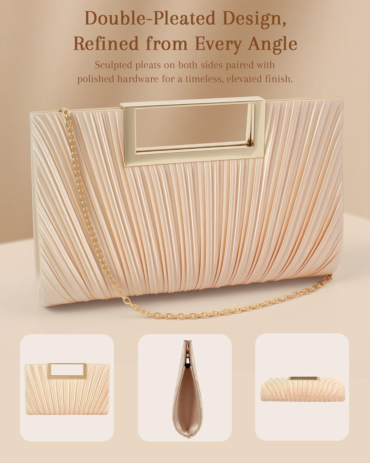 Gold Clutch Evening Bags for Women - Champagne Pleated Satin Purse, Formal Wedding Handbag with Scalloped Fan Clasp