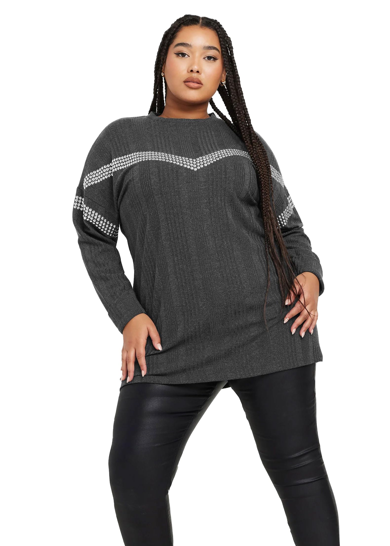 Yours Women's Grey Curve Charcoal Ribbed Chevron Stud Jumper - Plus Curve 26-28 Plus