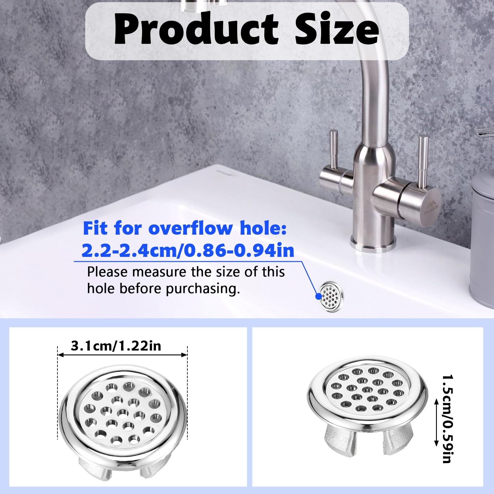 8 pezzi di copertura per lavandino, rivestimento a sifone per lavabo, troppopieno, anello decorativo galvanizzato, copertura di scarico rotonda per bagno, cucina