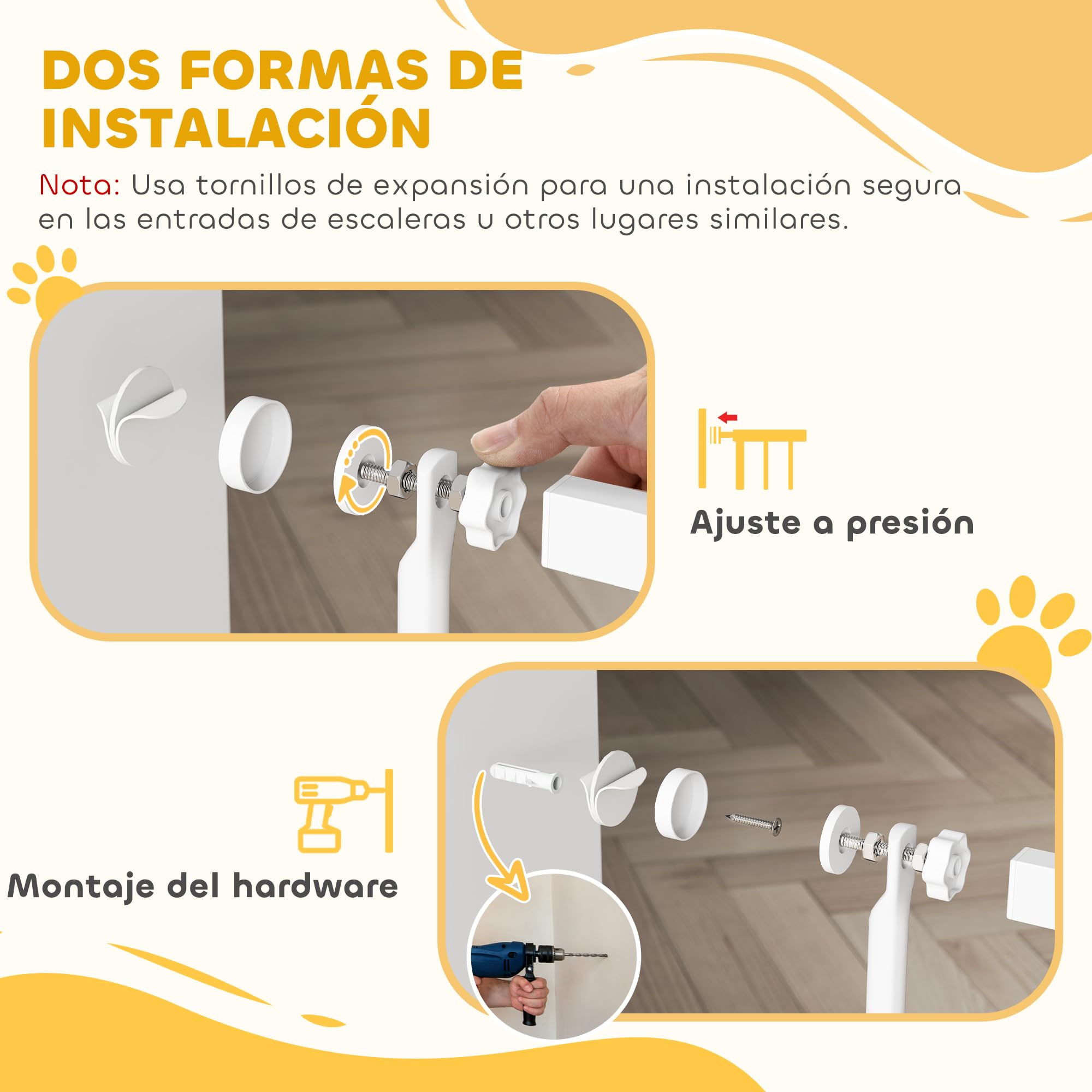 PawHut Barrera de Seguridad para Perros y Gatos Extra Alta 180 cm, Barrera para Perros Extensible 77-104 cm, Separación 3,5 cm, para Puertas y Escaleras, con Montaje a Presión, 2 Extensiones, Blanco