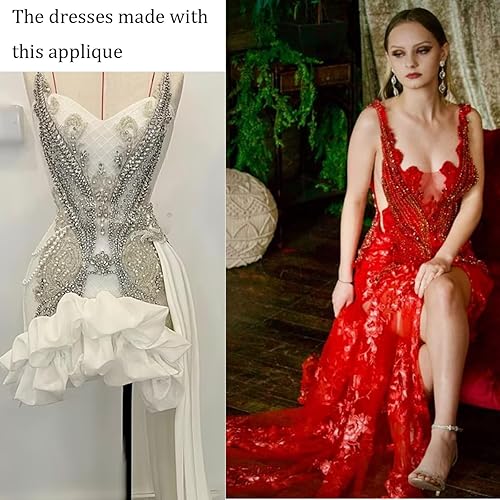 Miniatura 6 de La Belleza Parche de diamantes de imitación plateados para vestido, apliques de corpiño de cuentas hechos a mano para tela o novia, patrón grande de