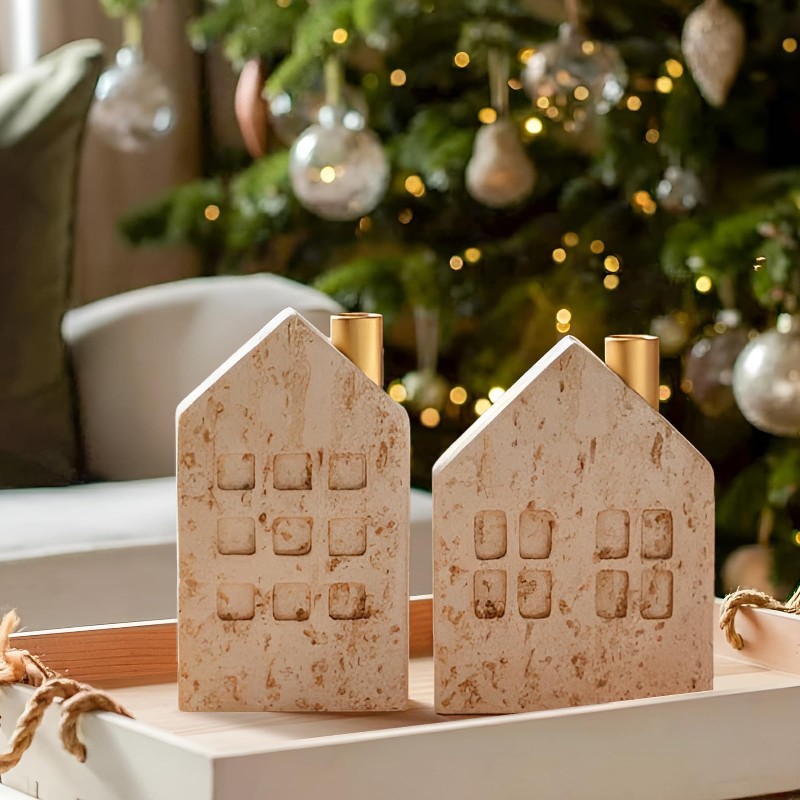 DN DECONATION Haus Kerzenständer Resin Kerzenhalter mit Metall-Schornstein