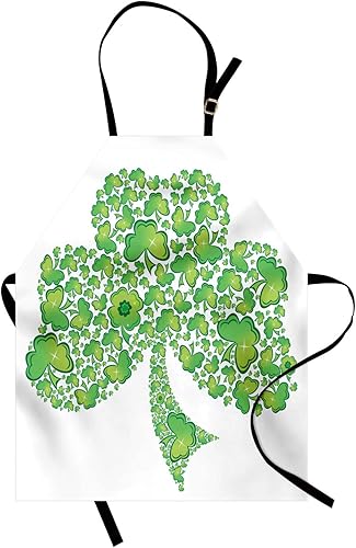 Lunarable Delantal celta, diseño de trébol irlandés hecho con patrones de trébol pequeño, babero de cocina unisex con cuello ajustable para cocinar