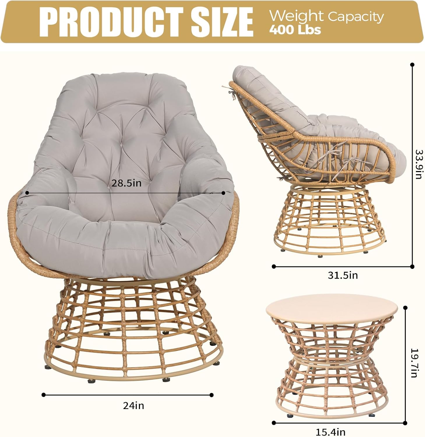 3-Pieces Outdoor Patio Swivel Chair 360 Degree Swivel Wicker Bistro Set with Thick Cushions Rattan Chairs Conversation Set with Coffee Table for Garden Balcony Backyard Ergonomic Design (Grey)