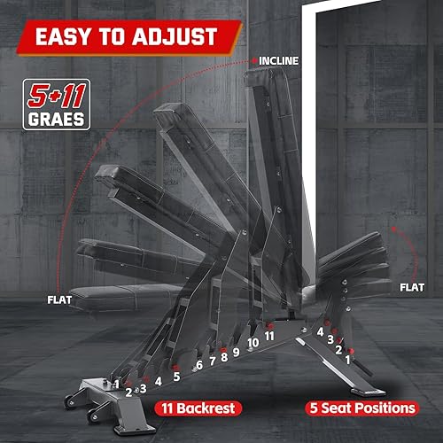 Miniatura 3 de Banco de pesas ajustable comercial con capacidad de 1400 libras para gimnasio en casa, banco plano/inclinado/declinado, prensa de banco de 2.2