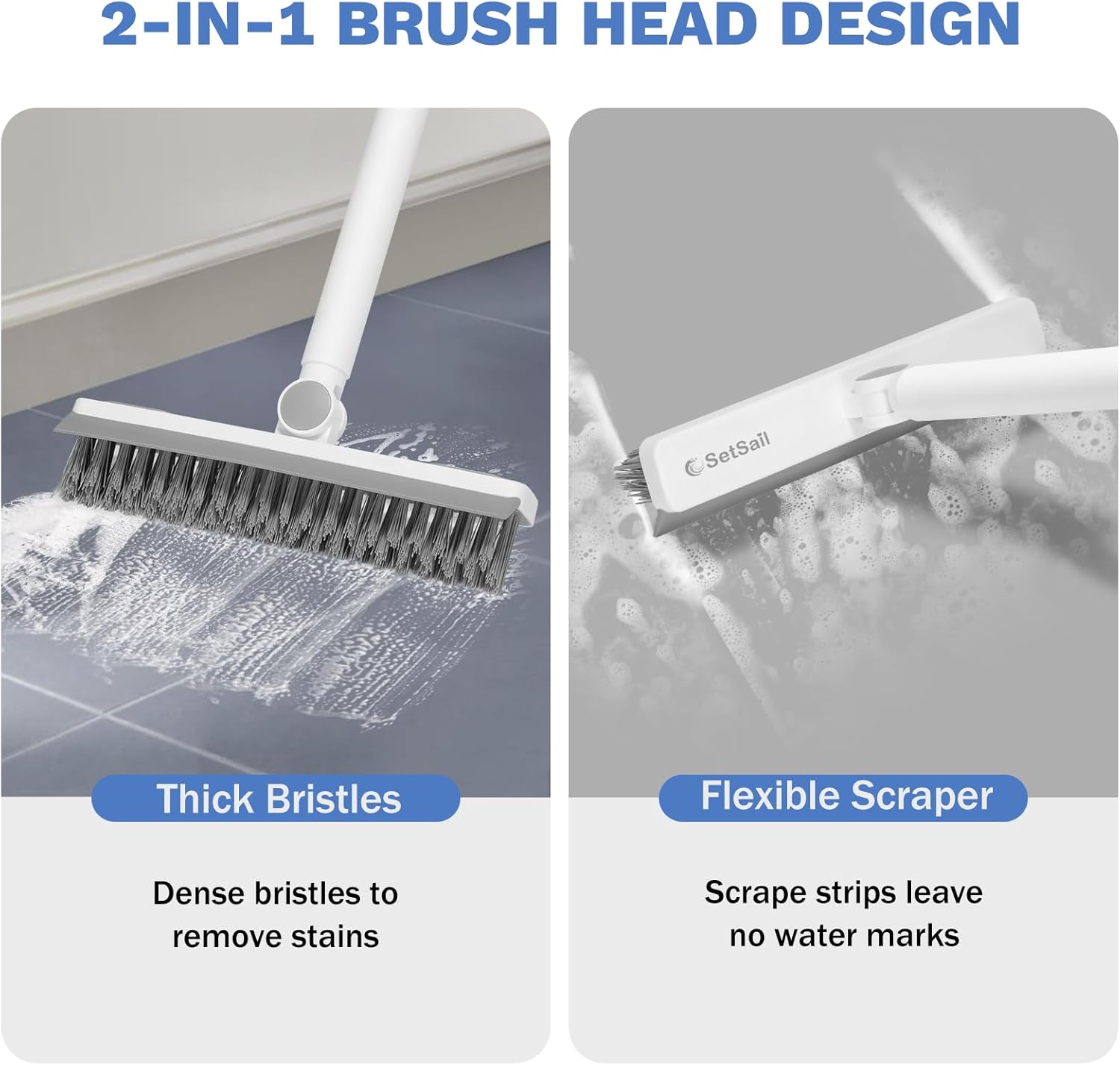 SetSail Grout Cleaner Brush with Long Handle, V-Shaped Floor Scrub Brush Swivel Grout Brush Stiff Bristle Floor Grout Scrubber for Bathroom, Tile Line, Crevice, Kitchen, Wall, Deck, Garage, White Grey